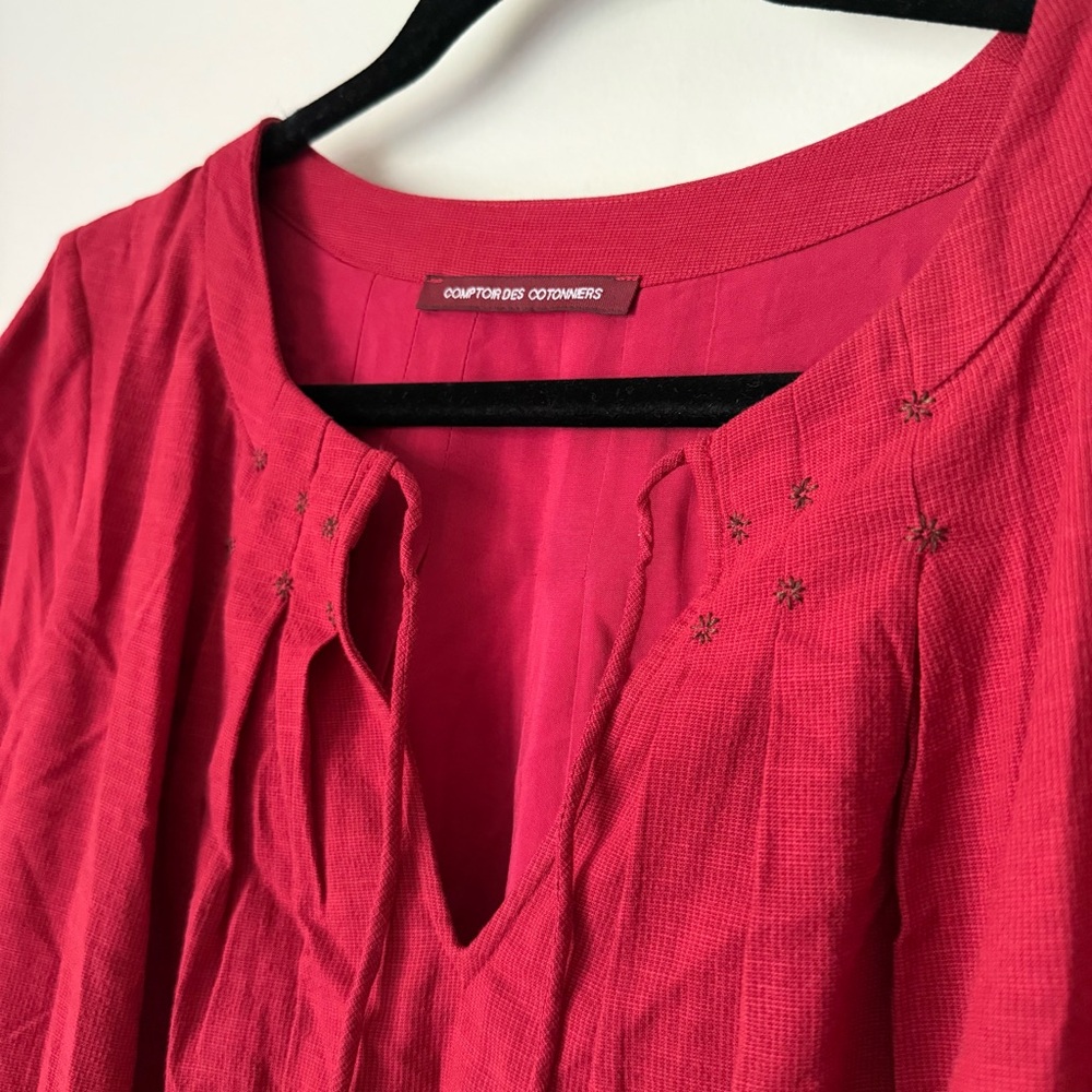 Comptoir Des Cotonniers Red Pleated Ruffle Embroidered Dress with Belt, size L - Picture 7 of 11